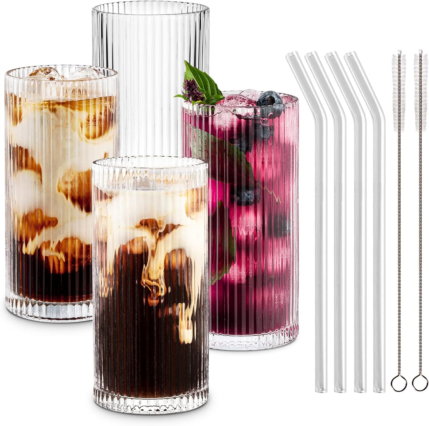 Combler Glass Cups with Straws, Drinking Glasses 12.5oz, Ribbed Glassware Set of 4, Iced Coffee Cup Coffee Bar Accessories Essentials, Glassware Sets for Beer Smoothie Whiskey Cocktail Glasses, Gifts