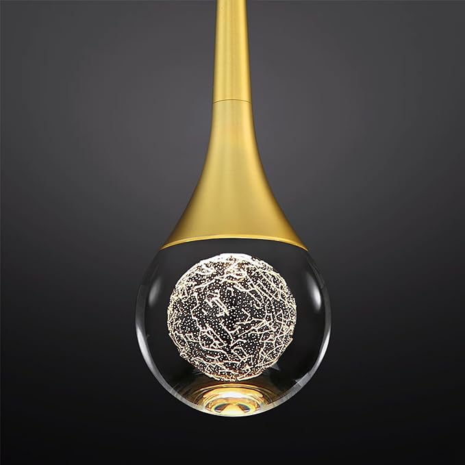 Untrammelife 1-Light Teardrop Crystal Pendant Light, Mini Globe Ceiling Hanging Light Fixtures in Gold Brushed Brass Finish, 8W Dimmable LED Pendant Lighting for Kitchen Island Bathroom Bedroom Bar