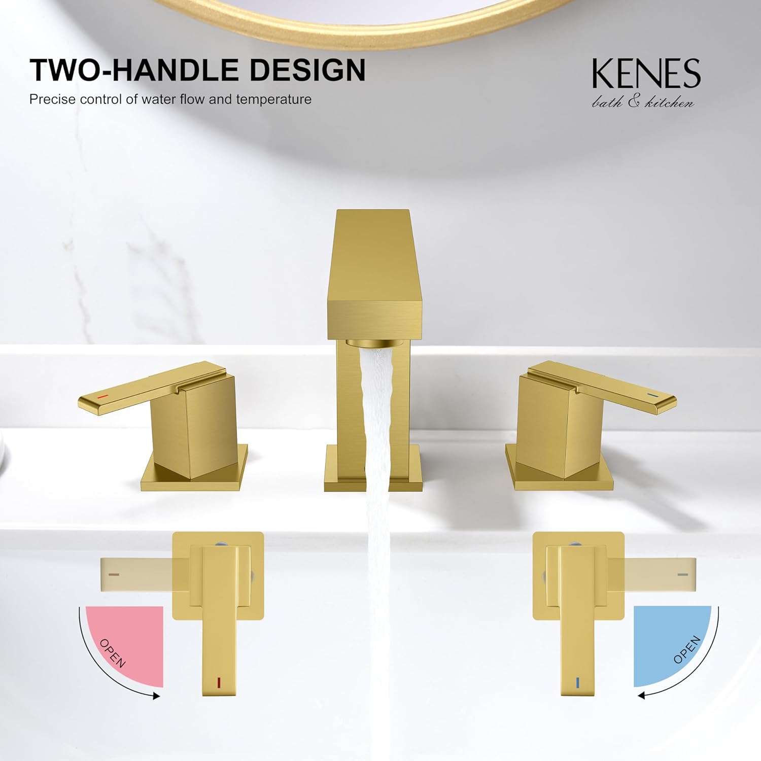 KENES Gold Widespread Bathroom Faucet Brushed Gold Two Handle Bathroom Sink Faucet 3 Hole, 8-Inch Bathroom Faucet Vanity Faucet with Lead-Free Supply Hose, KE-9050-4