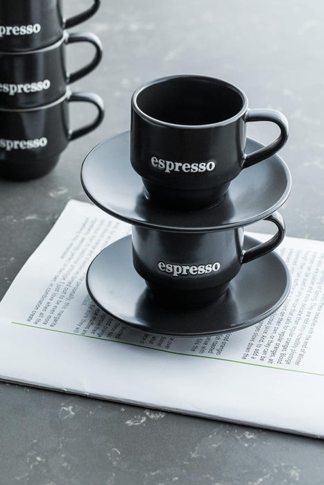 Espresso Cups with Saucers Set, Porcelain Coffee Cups Set with Metal Stand 4 OZ Stackable Demitasse Cups for Latte, Cafe, Mocha and Cappuccino, Tea Cup Set of 6, Thanksgiving Gifts, Black