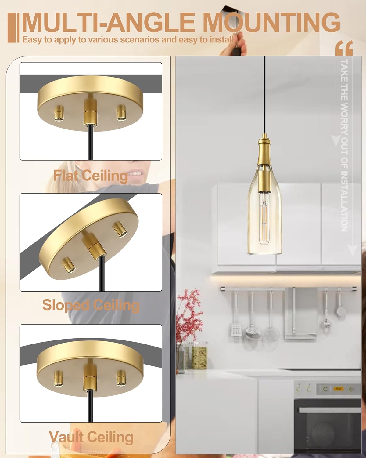 SEENMING HOUSE 1 Light Indoor Hanging Kitchen Island Pendant Light Fixtures Gold Finish with Handmade Amber Glass Chandelier Shade for Bar, Dining Room Over Sink