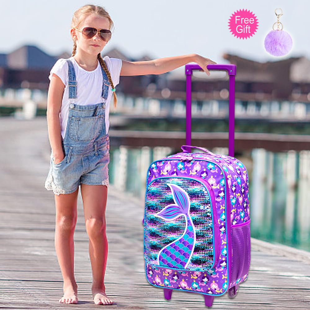 AGSDON Kids Suitcase for Girls, Cute Mermaid Rolling Luggage Wheels for Children Toddler