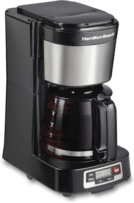 Hamilton Beach 5 Cup Compact Coffee Maker with Programmable Clock & Glass Carafe, Black,46111