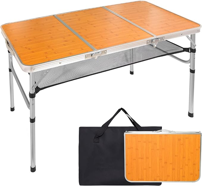 LJMBOEN Folding Camping Table,48"x24" 4FT Adjustable Height Aluminum Portable Picnic Table,3 Fold Lightweight Outdoor Table with Mesh Bag & Carrying Bag for Indoor Travel Beach and Party