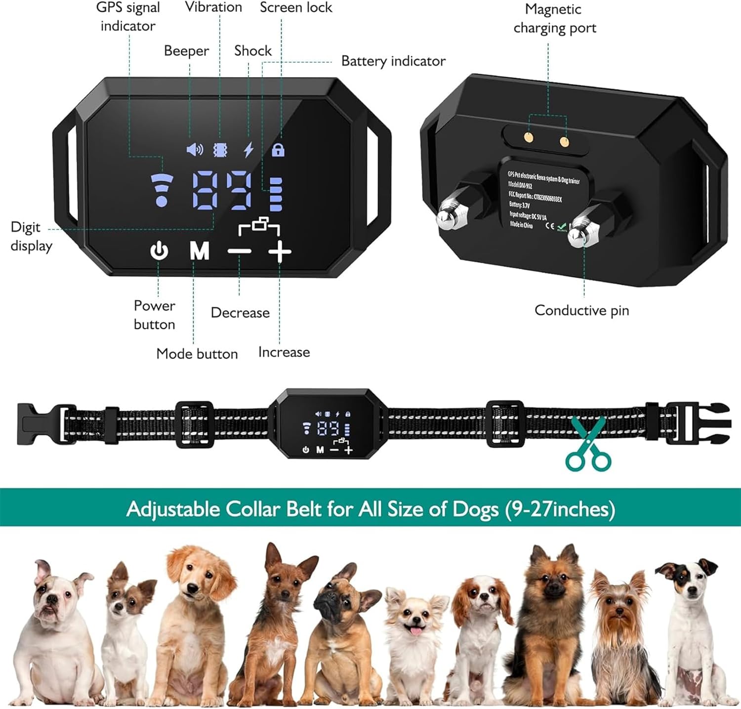 GPS Wireless Dog Fence, Stubborn Dog Electric Fence System, Adjustable Range, IP67 Waterproof Training Collar, Pet Boundary Container, Suitable and Harmless for All Dogs,black