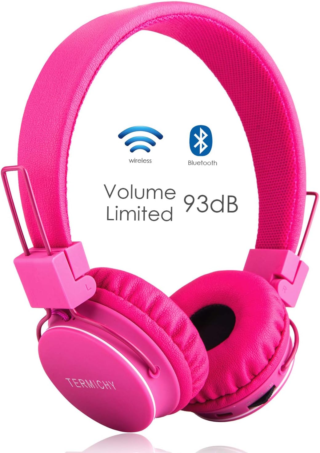 Termichy Volume Limited Wireless Bluetooth Kids Headphones, wireless/wired Foldable Stereo over-Ear headsets with music share port and Built-in Microphone for calling (Pink)