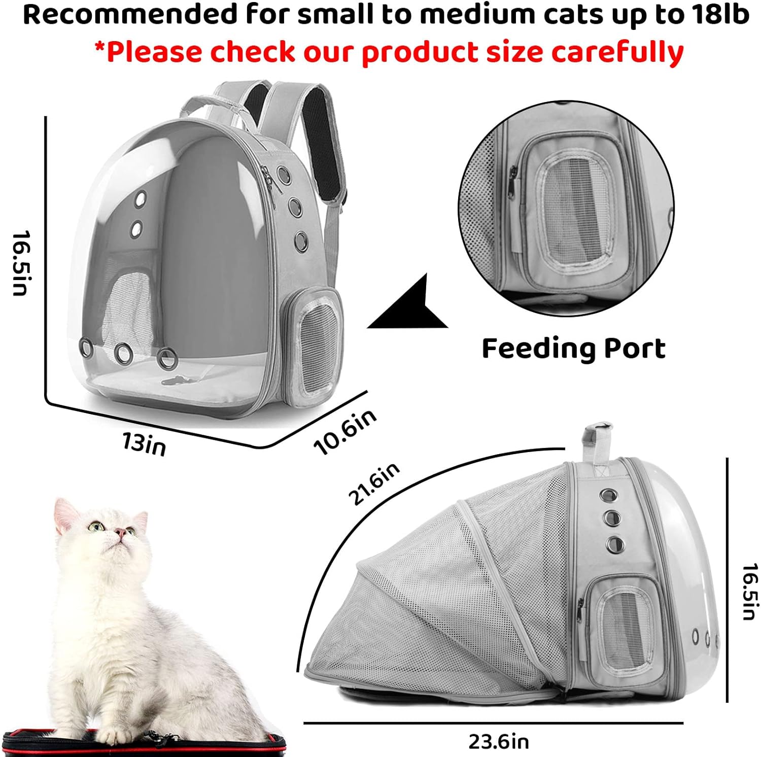 PROKEI Cat Backpack Carrier,Expandable Pet Bubble Backpack Airline Approved, Pet Travel Carrying Bag for Small Medium Cats and Puppy with Hiking Walking Outdoor Use