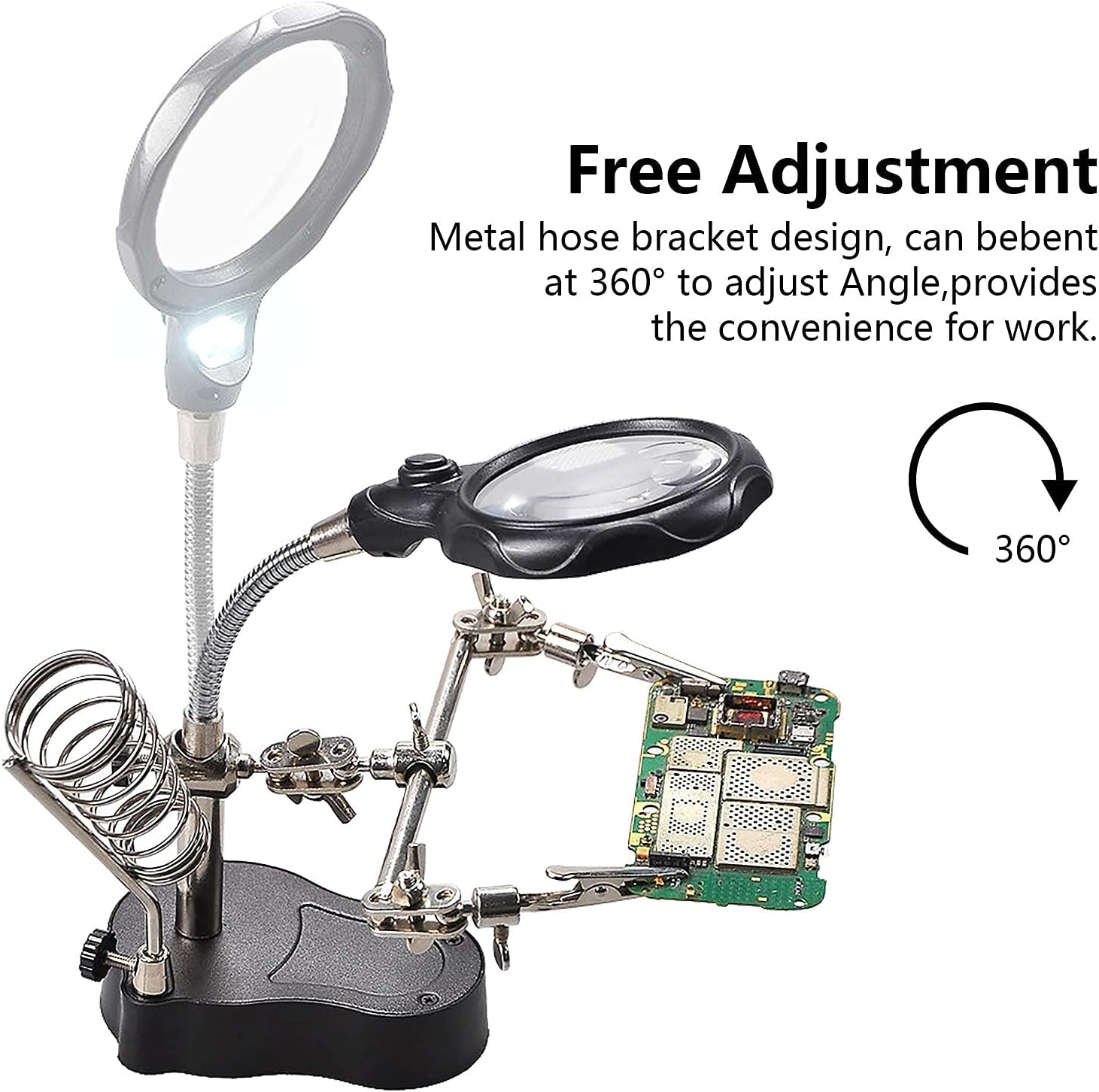 mlogiroa Helping Hands Soldering Station, 3.5X 12X Magnifying Glass LED Lighted Magnifier with Auxiliary Clips Alligator Clamp Repair Tools Kit for Soldering, Assembly, Miniatures