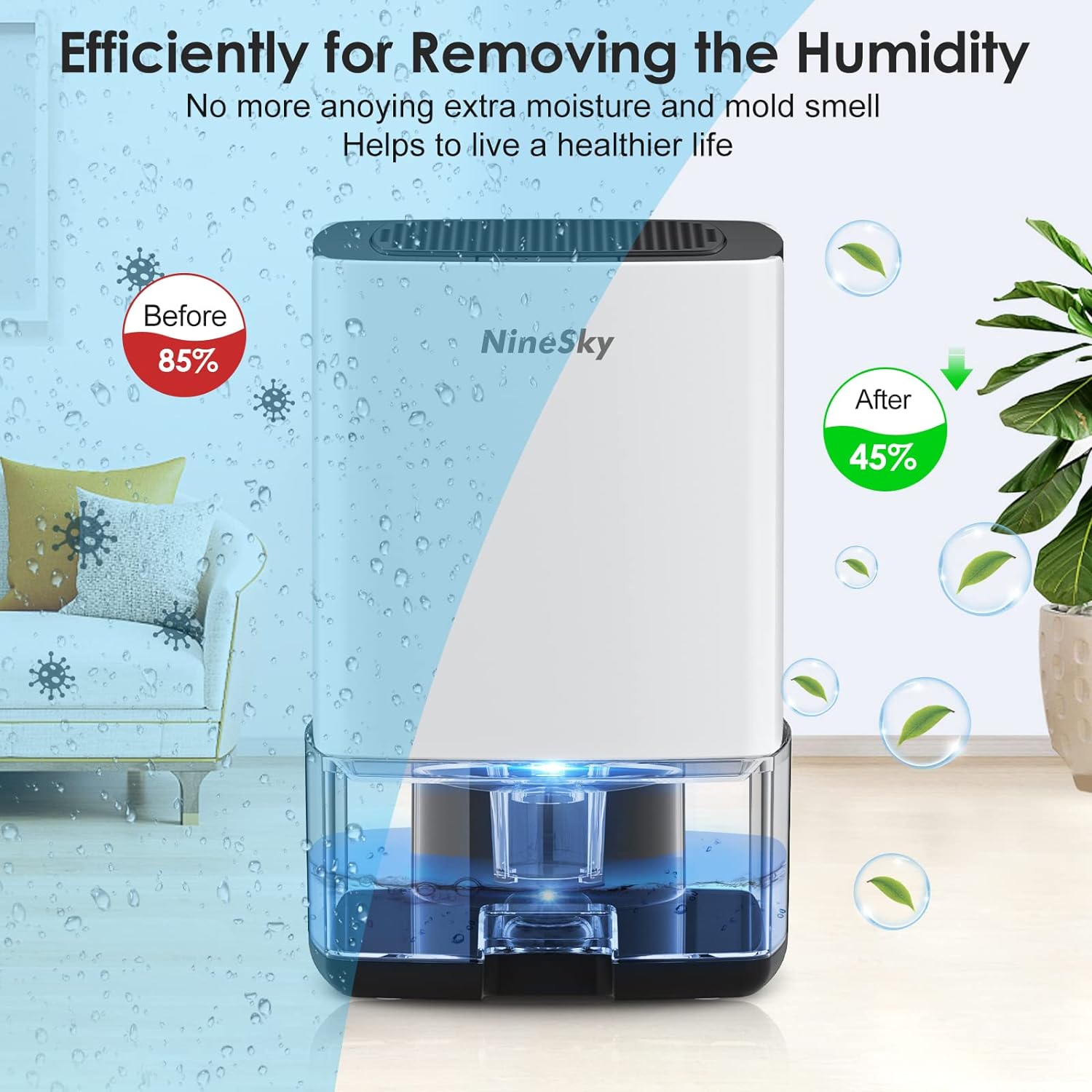 NineSky Dehumidifier for Home, 30oz Water Tank,(300 sq.ft) Dehumidifiers for Bedroom, Bathroom, Basement with 7 Colorful Lights, Auto Shut Off