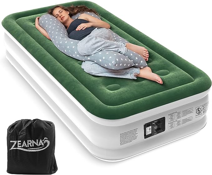 Zearna Twin Air Mattress with Built Pump, 16" Durable Blow Up Mattress Airbed, Comfortable Top Surface Inflatable Mattress for Camping Home & Portable Travel