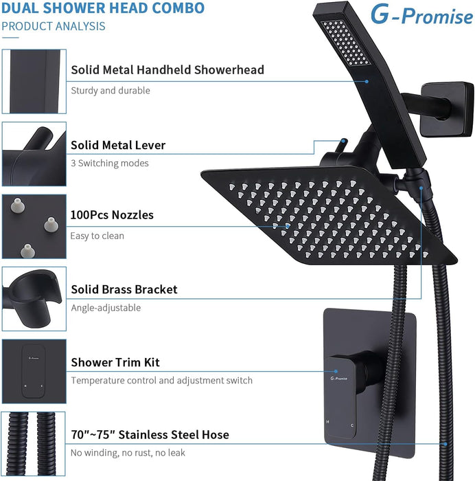 G-Promise All Metal Shower Faucet System, Dual Square Shower Head Set with Handheld Wand & Rainfall Showerhead, Diverter, Hose Complete Combo, Pressure Balance Rough-in Valve Included (Matte Black)