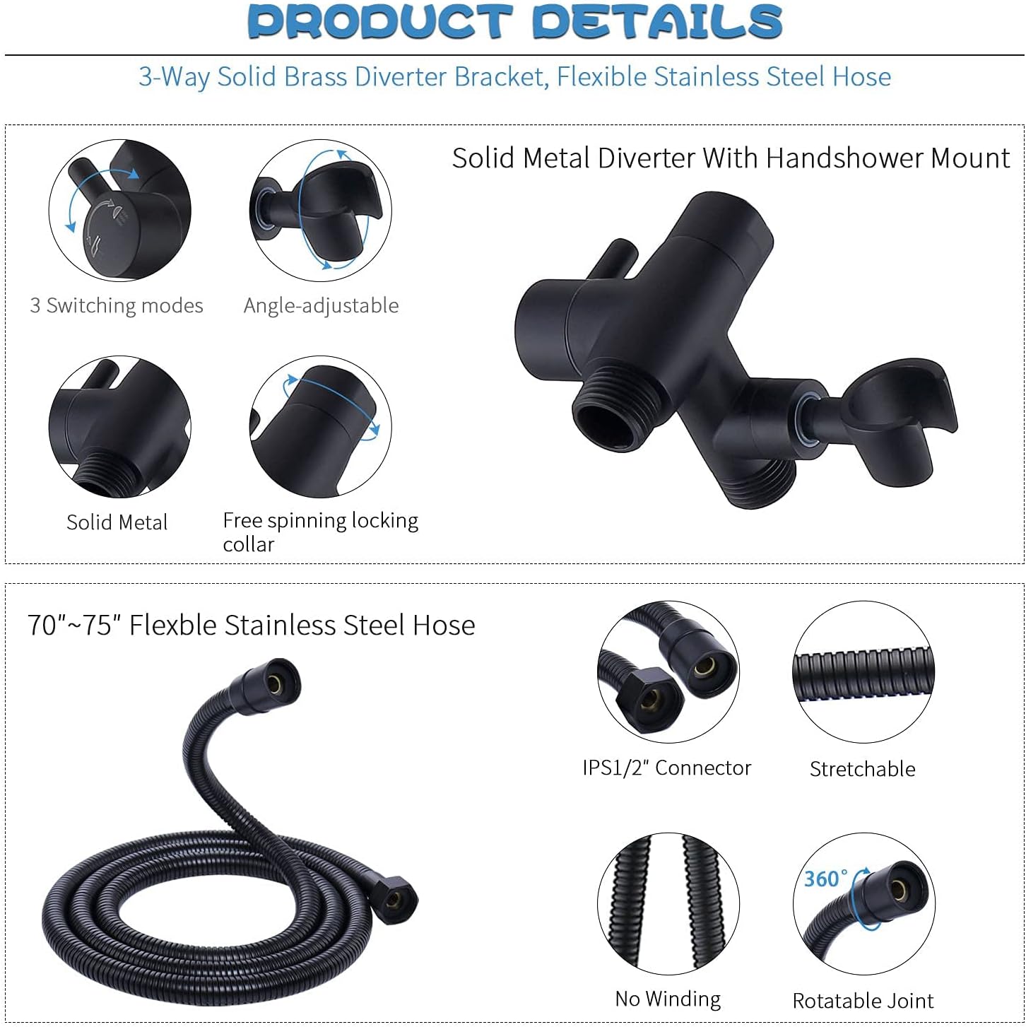 G-Promise All Metal Shower Faucet System, Dual Square Shower Head Set with Handheld Wand & Rainfall Showerhead, Diverter, Hose Complete Combo, Pressure Balance Rough-in Valve Included (Matte Black)