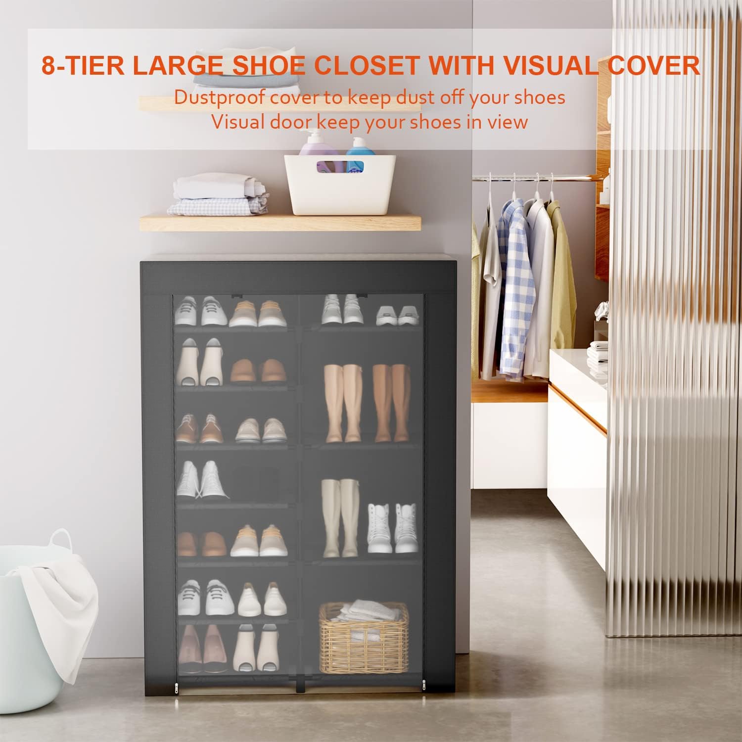 LVNIUS Shoe Rack With Covers Shoes And Boots Organizer Shoe Closet 8-Tier 22-26 Pairs, Large Shoe Organizer Cabinet,Tall Closed Shoe Storage Rack For Garage Bedroom,Mueble Para Zapatos