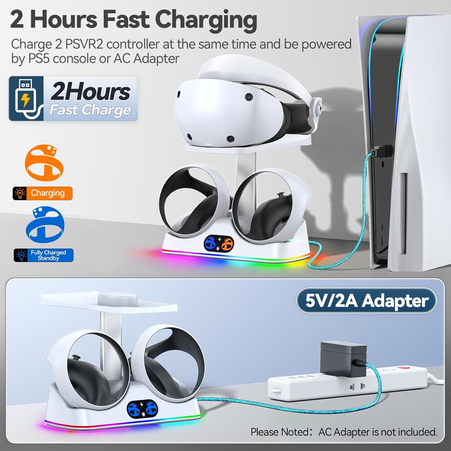 PSVR 2 Charging Station with RGB Light, PSVR 2 Accessories Charging Dock & PSVR2 Headset Display, PSVR 2 Stand with Touch Switch [On/Off], PSVR2 Charging Stand with Magnetic Connector, Type-C Cable