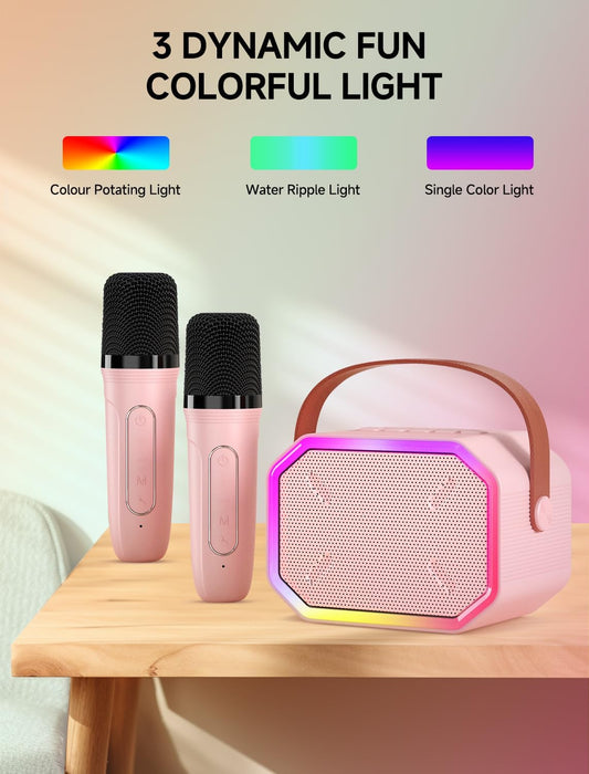 Karaoke Machine for Kids and Adults, Mini Portable Bluetooth Speaker with 2 Wireless Microphones, Led Lights for TV, Home Party, Kids Gift for Girls Boys Family Party Birthday (Pinkcolor)