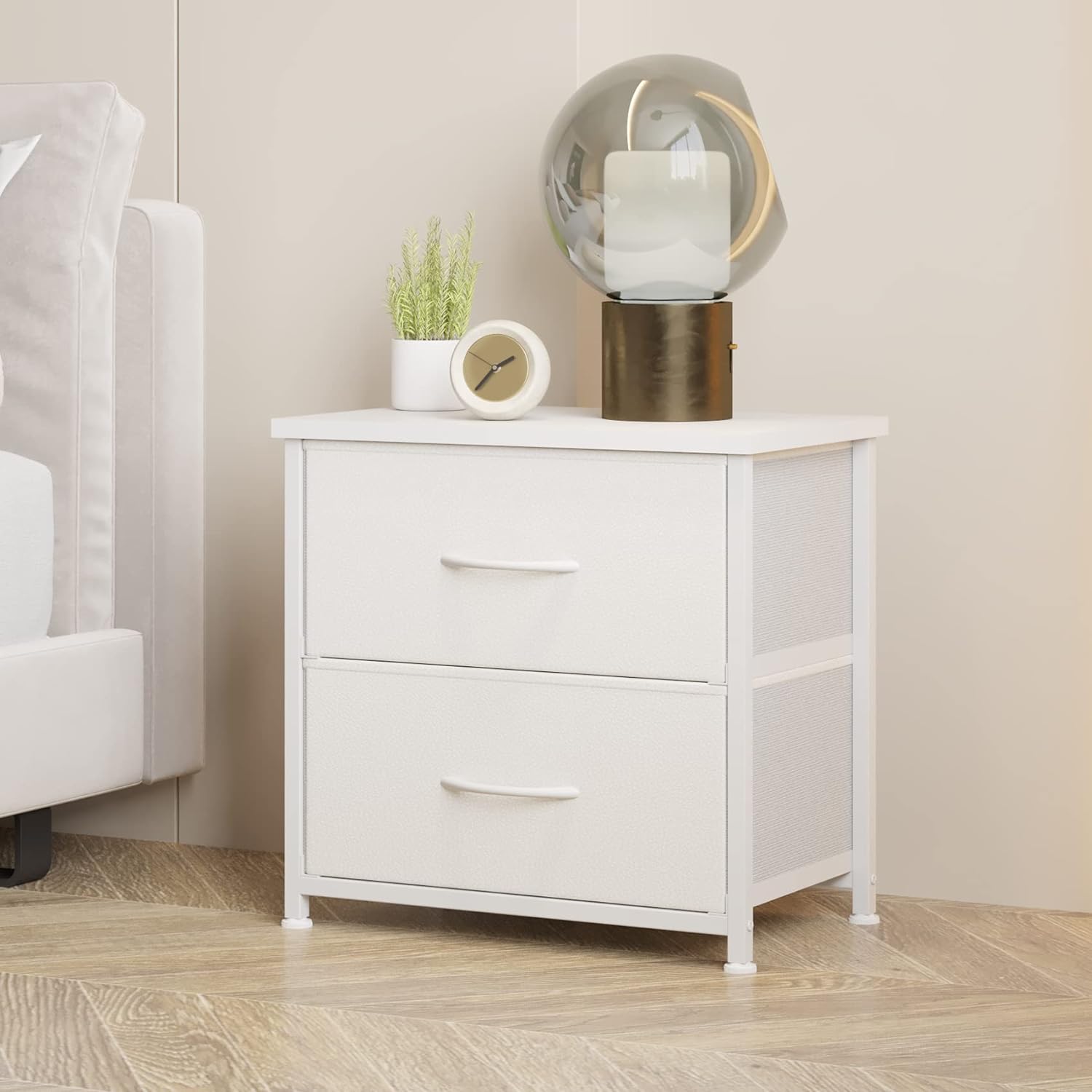 LUMTOK White Nightstand with Drawer, 2 Drawers Dresser for Bedroom, Small Night Stand and Dressers Sets with 2 Fabric Drawers, End Table with Drawer for Living Room (1PCS)