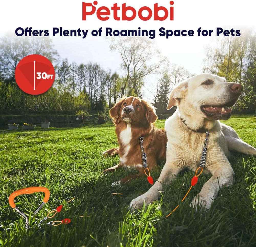 Petbobi Dog Tie Out Cable and Stake - 30ft Heavy Duty Cable with Spring - No Tangle, 16in Ground Stake - Ideal for Yard, Camping, and Beach - Suitable for Medium to Large Dogs Up to 120lbs, Orange