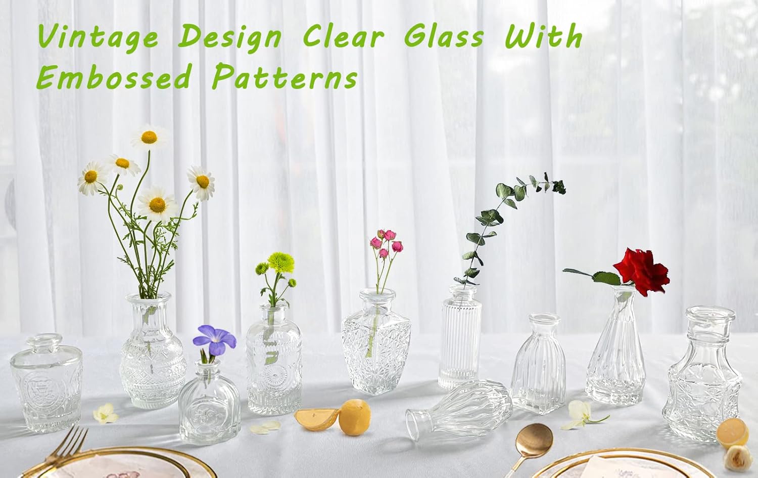 Bud Vases- Set of 10 Small Flower Glass Vases for Centerpieces, Cute Clear Crystal Bud Vases in Bulk, Mini Vintage Bud Vases for Wedding Decorations, Party Table Flower Bud Vases Decor