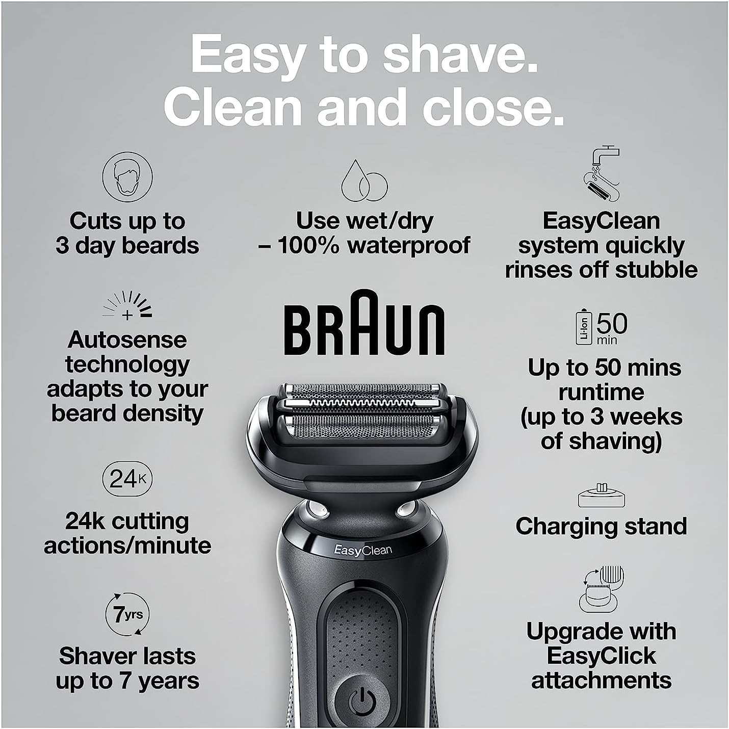 Braun Series 5 5050cs Easy Clean Electric Razor for Men With Charging Stand, Precision Trimmer, Body Groomer, Black, 1 Count