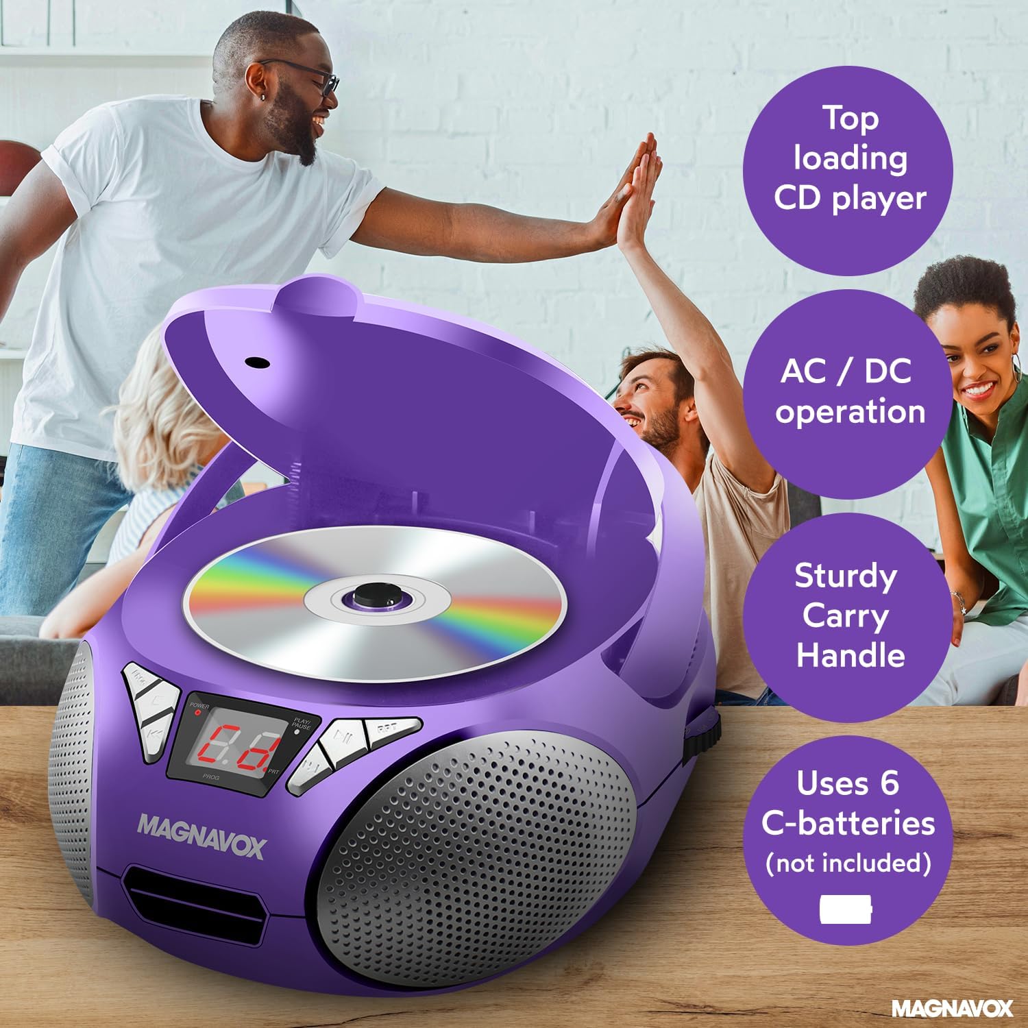 Magnavox MD6924-PL Portable Top Loading CD Boombox with AM/FM Stereo Radio in Purple | CD-R/CD-RW Compatible | LED Display | AUX Port Supported | Programmable CD Player |