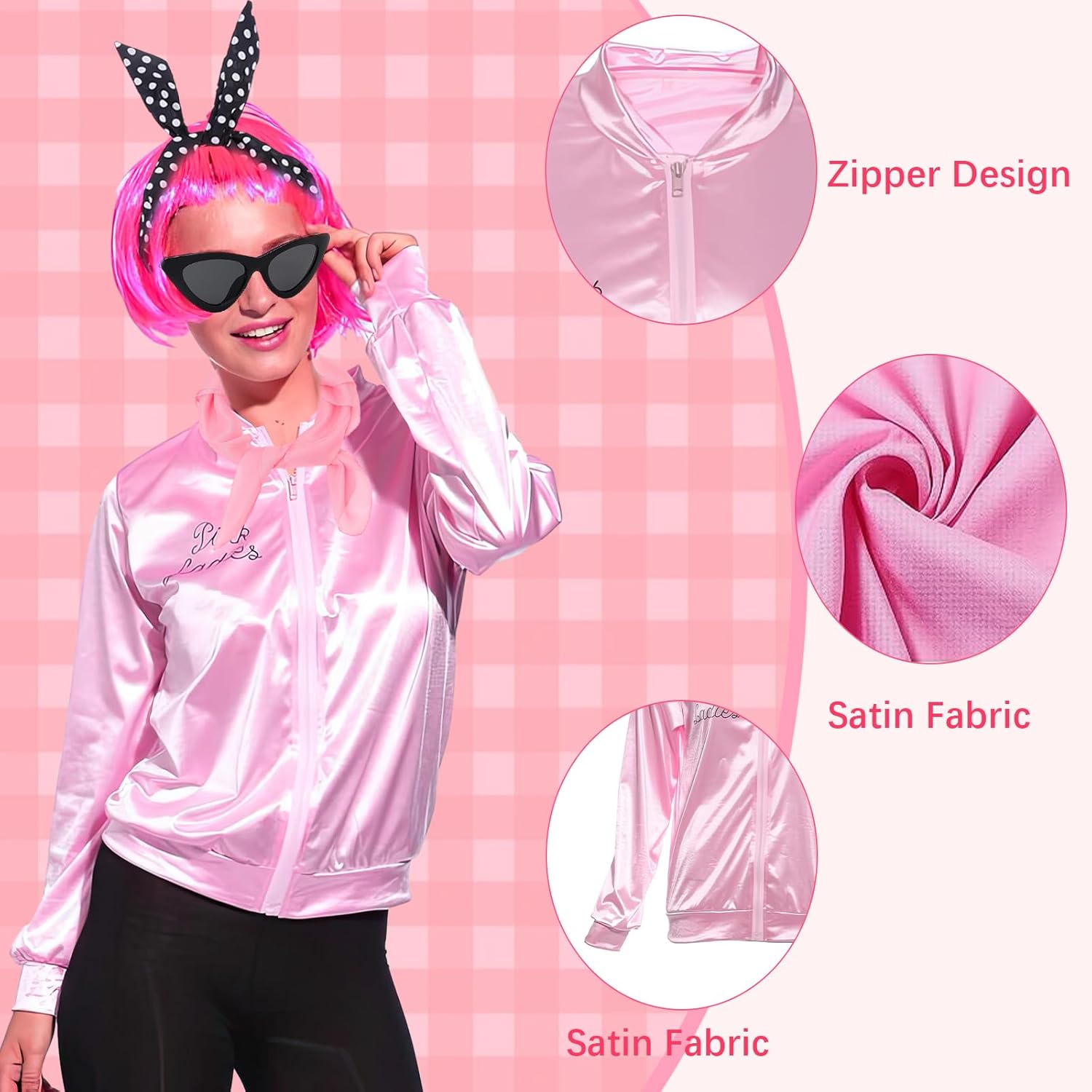 Yi-gog 1950s Pink Satin Jacket 8PCS Polka Dot Scarf Headband Halloween Cosplay Costume Disco Outfit Women