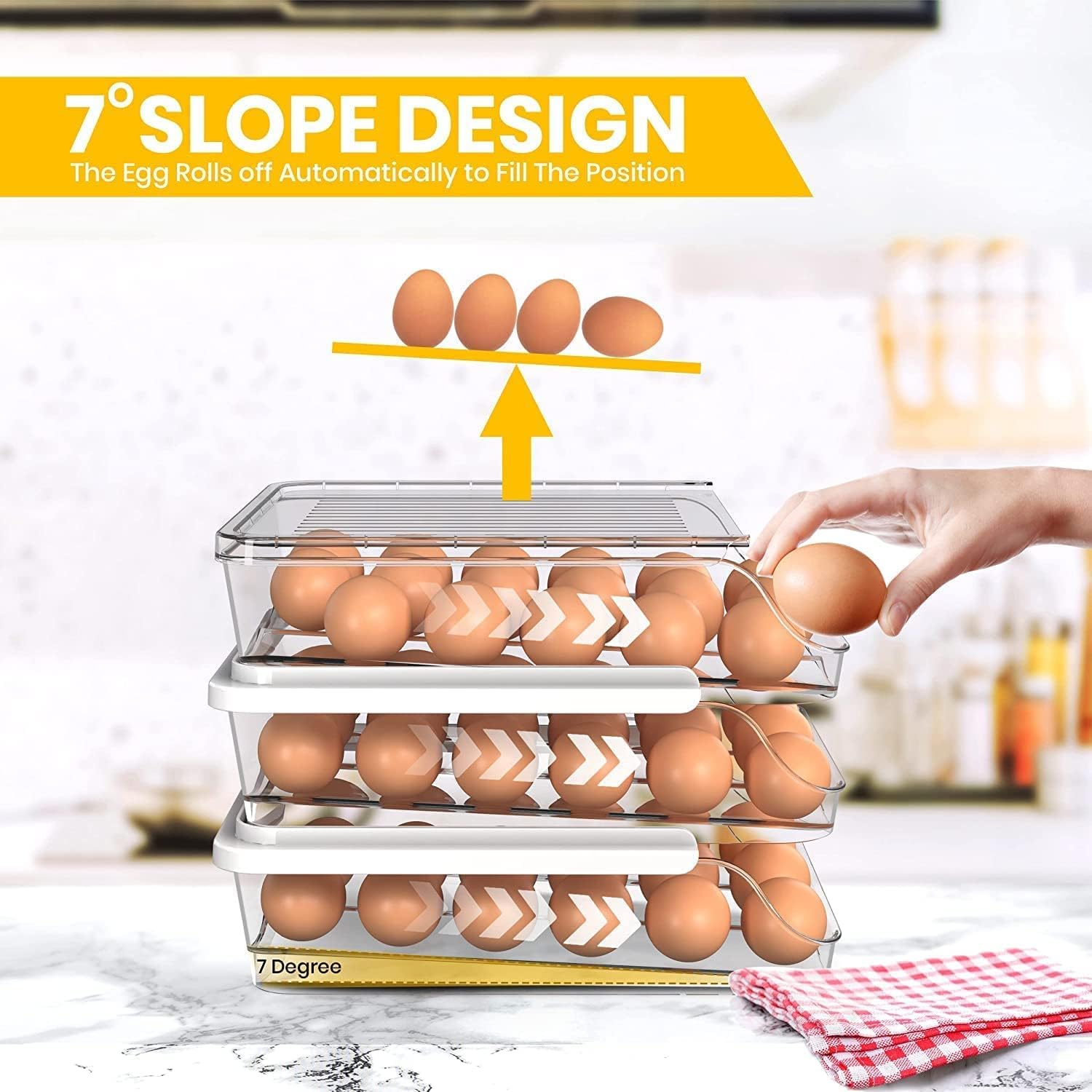 Utopia Kitchen Rolling Egg Container for Refrigerator with Lid - Pack of 3 Stackable Plastic Egg Holder for Refrigerator - Clear Egg Tray for Refrigerator or Fridge Organizer