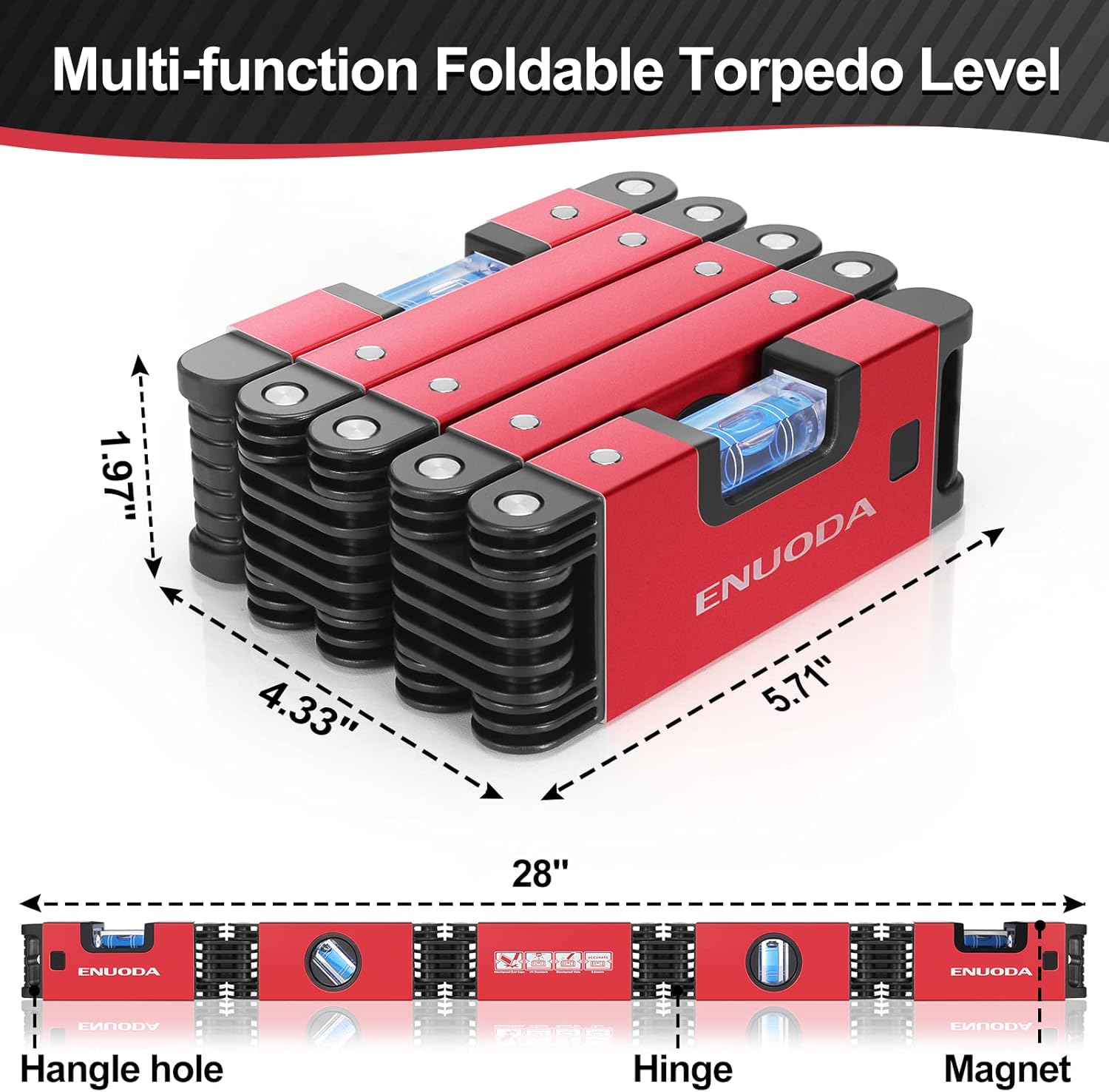 ENUODA Multi-function Foldable Level, 28 Inch Extendable Torpedo Levels, Multi-Angle Leveler Tool with Magnetic, Woodworking Measurement Tools for Craftsman Plumbers Carpenters Bricklayers