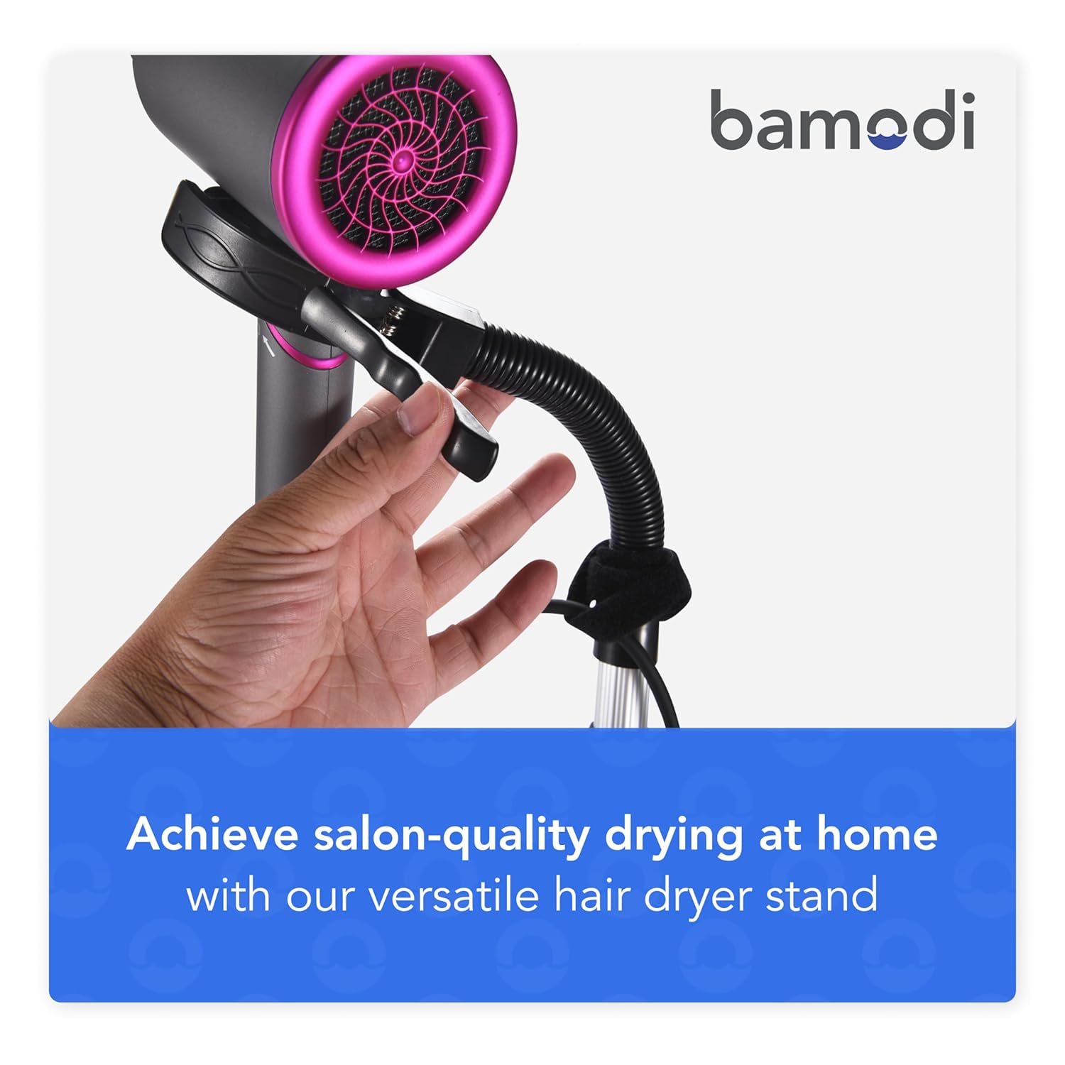 Bamodi Hair Dryer Holder Black - Hands-Free Hair Drying Metal Stand with 360° Rotation, Adjustable Height - Countertop or Wall Mount - Stylish and Convenient Storage Solution for Bathroom