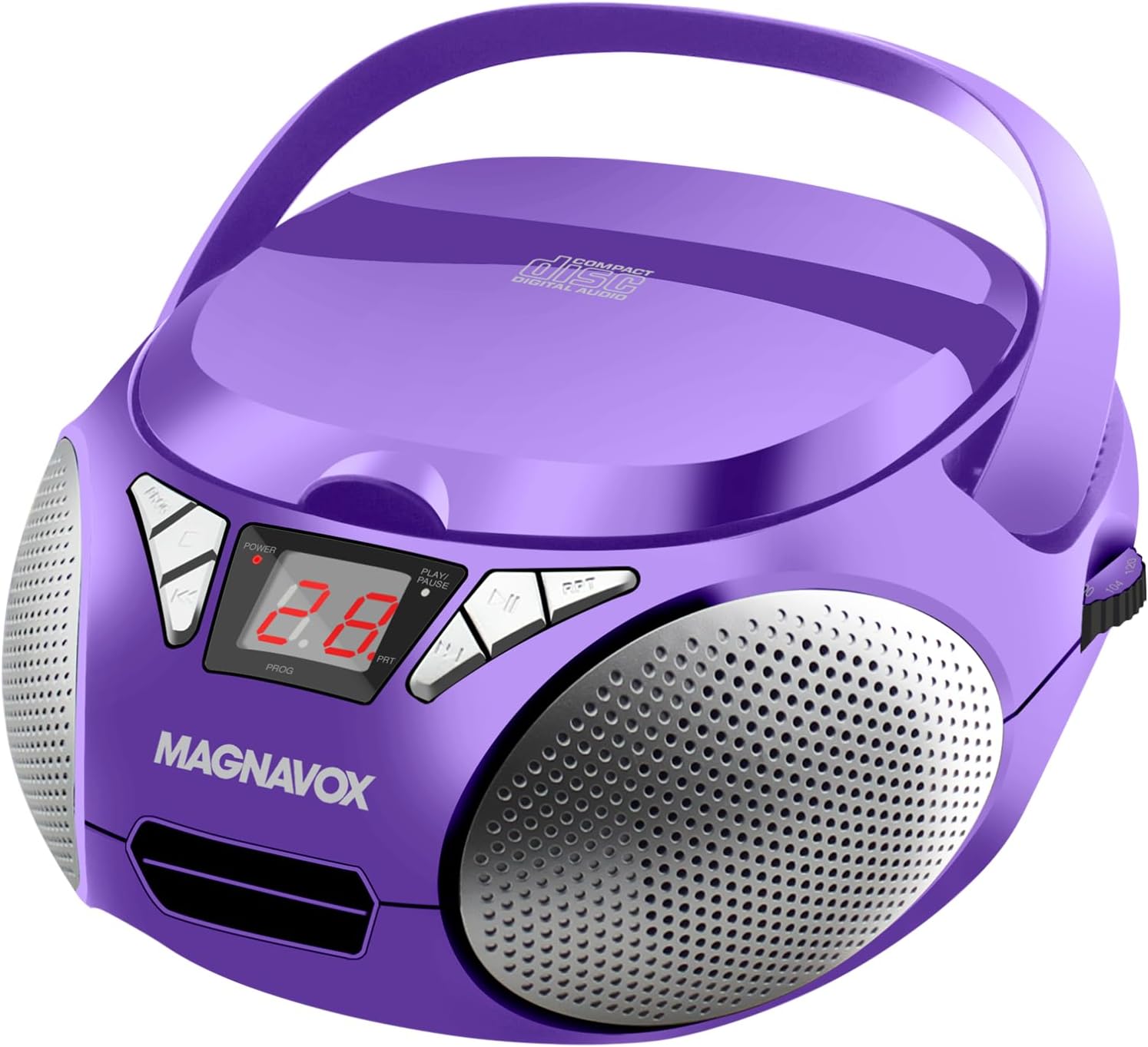 Magnavox MD6924-PL Portable Top Loading CD Boombox with AM/FM Stereo Radio in Purple | CD-R/CD-RW Compatible | LED Display | AUX Port Supported | Programmable CD Player |