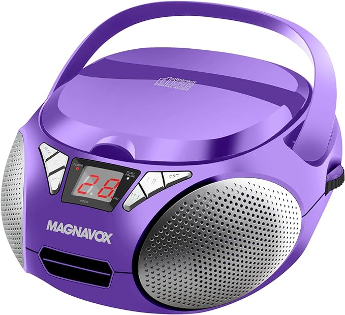 Magnavox MD6924-PL Portable Top Loading CD Boombox with AM/FM Stereo Radio in Purple | CD-R/CD-RW Compatible | LED Display | AUX Port Supported | Programmable CD Player |