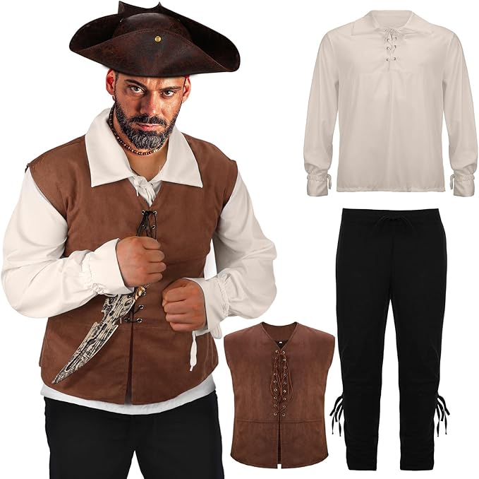 Jeyiour 4 Pcs Men's Medieval Costume Set Adult Renaissance Outfit Pirate Shirt Vest Viking Pants Hat Halloween Cosplay XX-LARGE