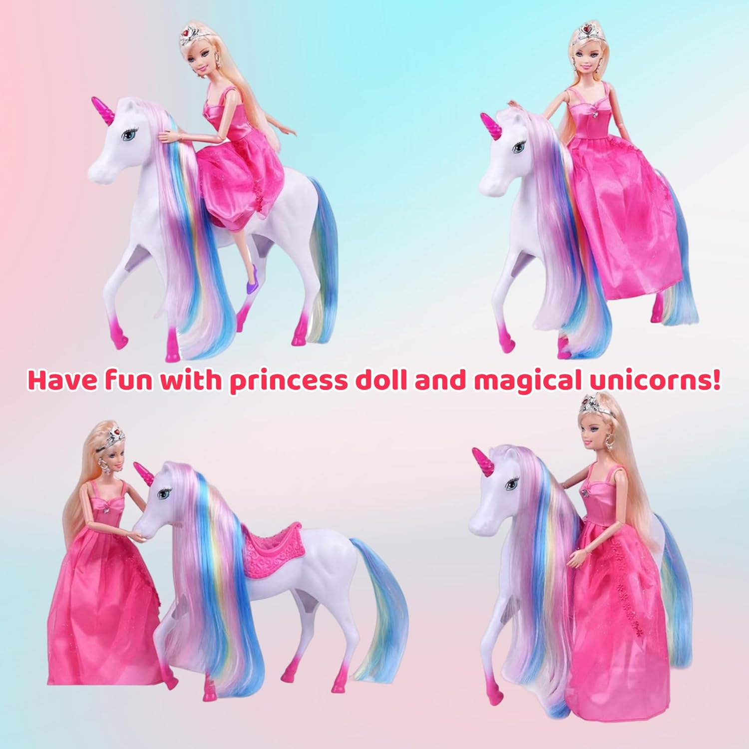 Princess Doll and Magic Light Unicorn Playset, Princess Unicorn Horse Toys Gifts for Girls Kids Aged 3 4 5 6, Present for Christmas, Birthday