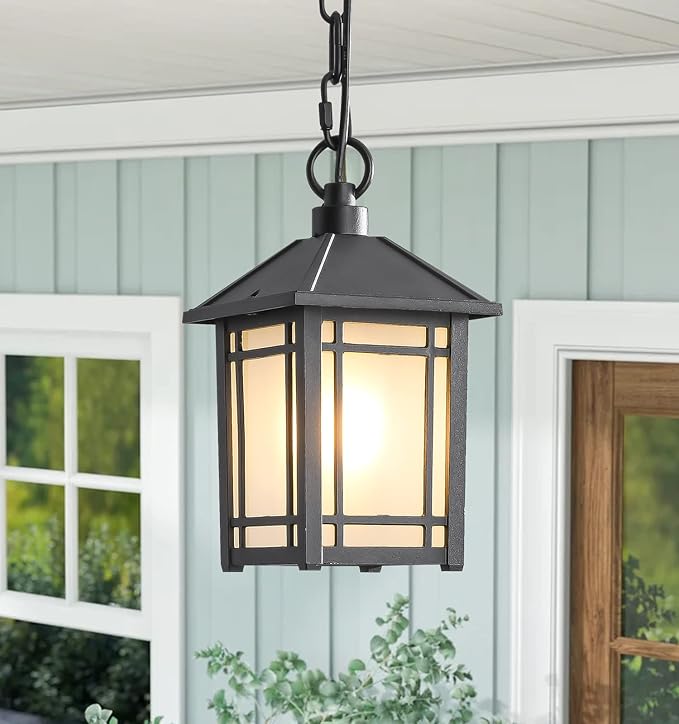 Lzwelcy Outdoor Pendant Lights with Frosted Glass Rust Resistant Aluminum Hanging Porch Lights,Outdoor Black Exterior Pendant Lights,Pendant Lights for Porch,Gazebo,and Farmhouse Exterior