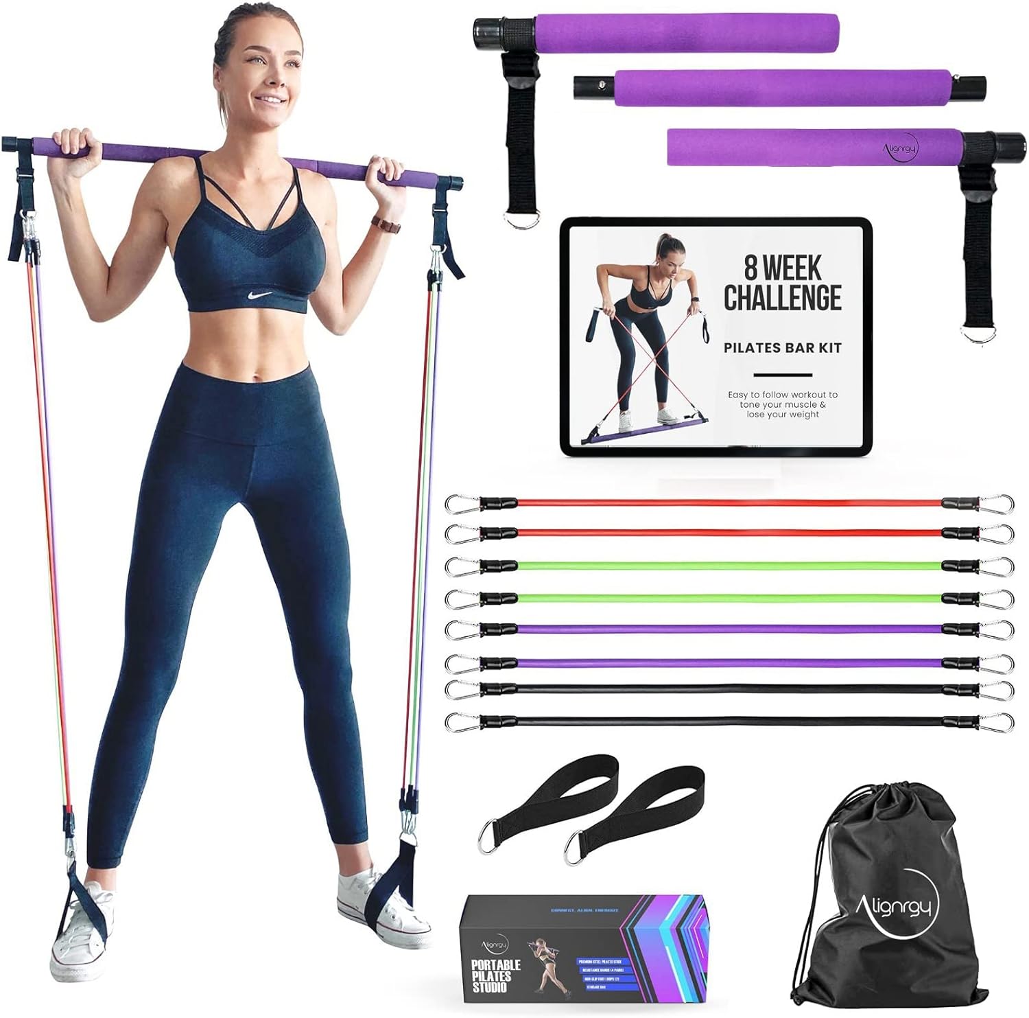 Portable Pilates Bar Kit with Resistance Bands (20, 30, 40, 50 LB) - Guided 8-Week Pilates Bar Kit Plan - Premium Quality Home Equipment 3-Section Pilates Bar with Resistance Bands Full-Body Toning