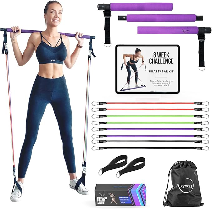 Portable Pilates Bar Kit with Resistance Bands (20, 30, 40, 50 LB) - Guided 8-Week Pilates Bar Kit Plan - Premium Quality Home Equipment 3-Section Pilates Bar with Resistance Bands Full-Body Toning