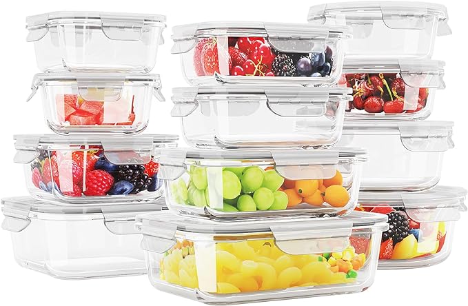 12 Sets Glass Food Storage Containers with Lids, Meal Prep Containers, Airtight Bento Boxes, BPA Free & Leak Proof, Pantry Kitchen Storage(12 lids & 12 Containers) - White