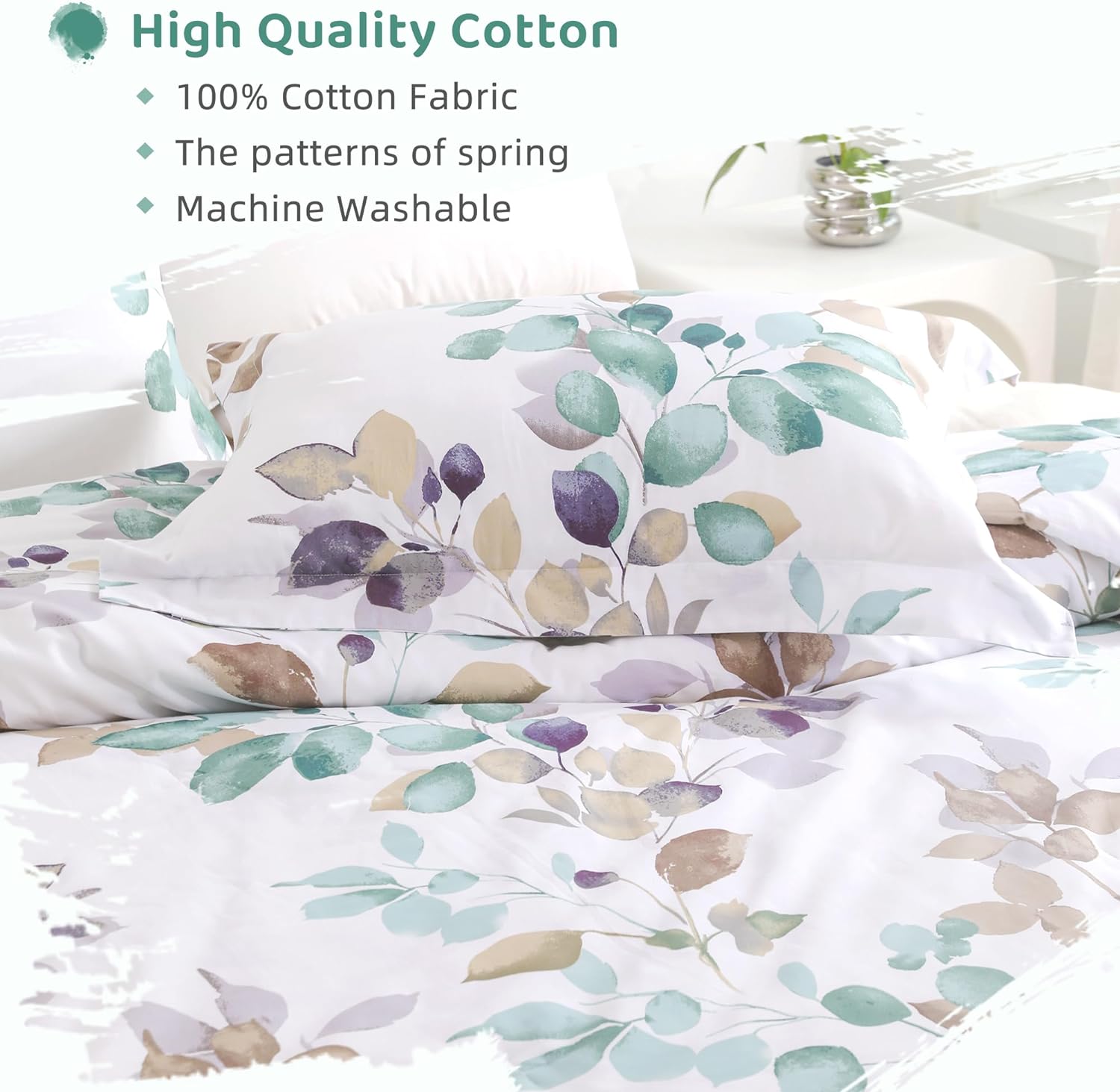 Sanracie Floral Comforter King Size- 100% Cotton Bedding Comforter Set, 3pcs Gradient Teal Leaves Botanical Pattern Queen Bedding Sets, Lightweight Ultra Soft Fluffy Bed Flower Comforter Sets