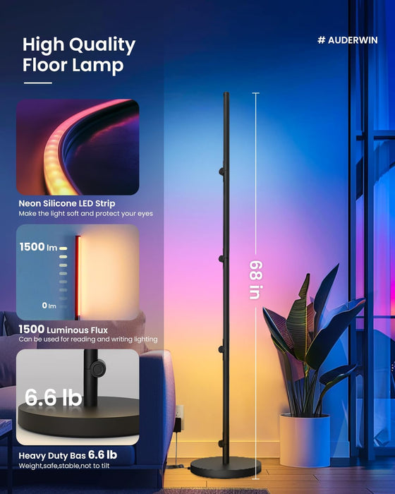 AUDERWIN Foldable Corner Floor Lamp with Remote, Smart RGB LED Floor Lamp with Music Sync and 16 Million DIY Colors, Dimmable, Timer Setting for Living Rooms, Bedrooms, and Gaming Rooms（Modern）