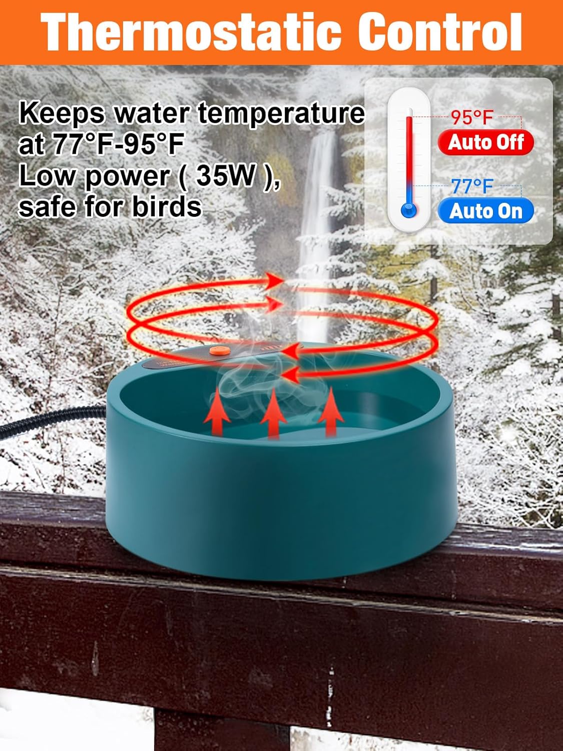 MEWTOGO Deeper Heated Bird Bath for Outdoors for Winter, 77 Oz Thermostatically Controlled Bird Bath Heater with Chew-Proof Cord for Garden Deck Yard Animals Wild Bird Pet Dogs Drink Water