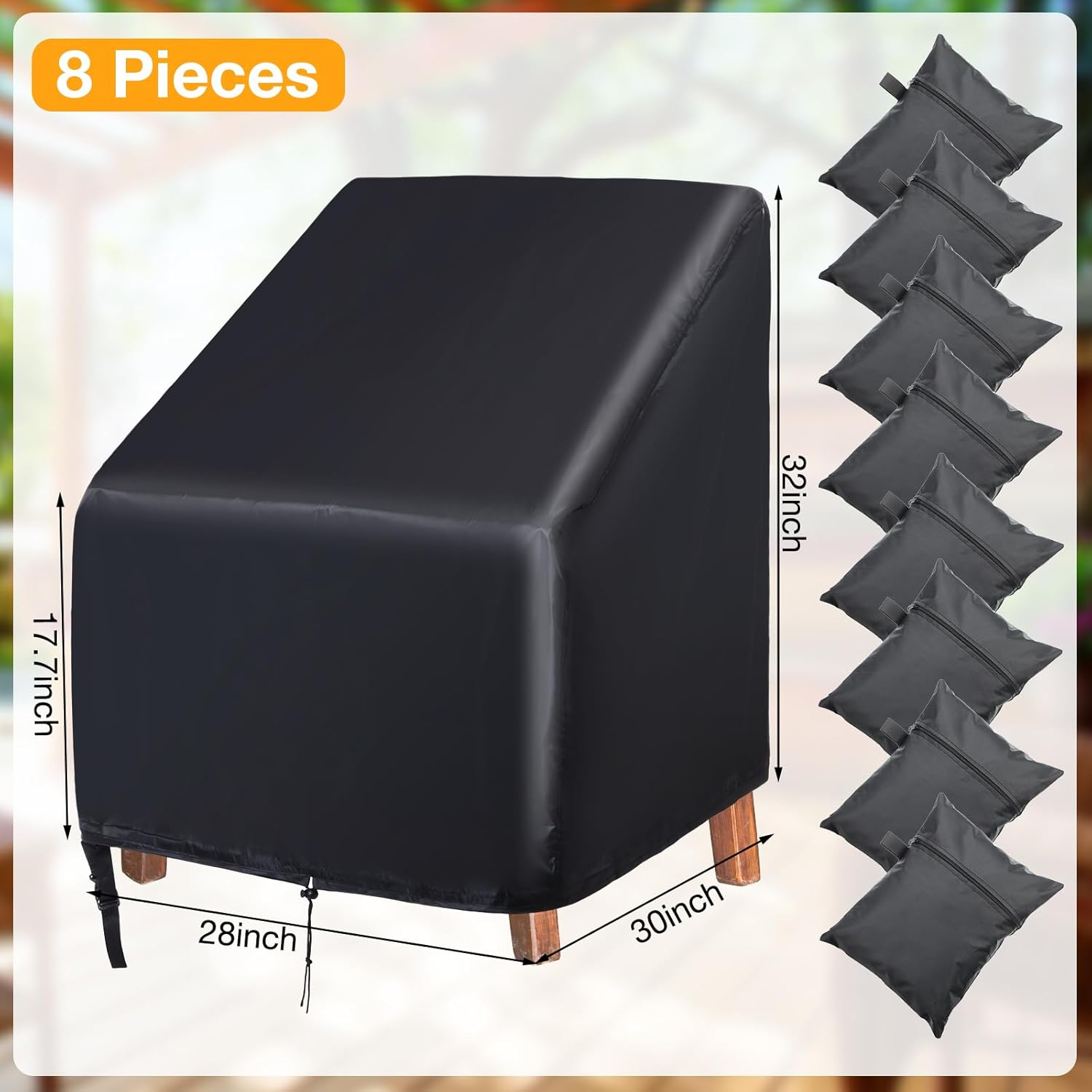 Tudomro 8 Pcs Black Outdoor Chair Cover Waterproof Patio Chair Cover Heavy Duty Furniture Cover Swivel Seat Cover Deep Seat Single Lawn Chair Cover with Storage Bag for Furniture, 28 x 30 x 32 Inch