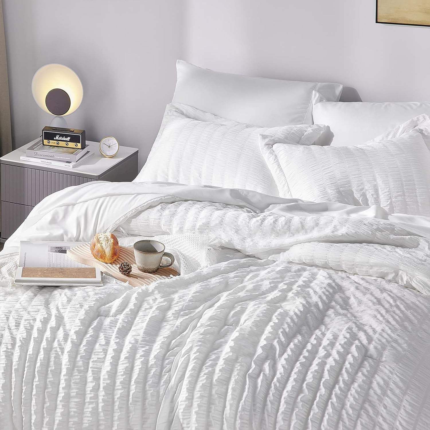 CozyLux Full/Queen Bed in a Bag White Seersucker Comforter Set with Sheets 7-Pieces All Season Bedding Sets with Comforter, Pillow Sham, Flat Sheet, Fitted Sheet and Pillowcase