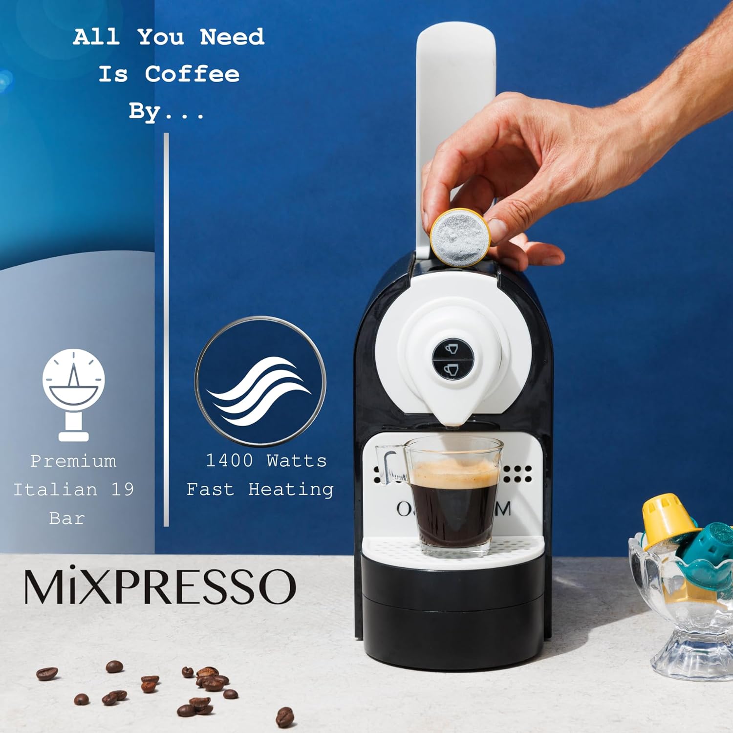 Mixpresso Espresso Machine for Nespresso Compatible Capsule, Single Serve Coffee Maker Programmable for Espresso Pods, Premium Italian 19 Bar High Pressure Pump 27oz 1400w Black Coffee Maker