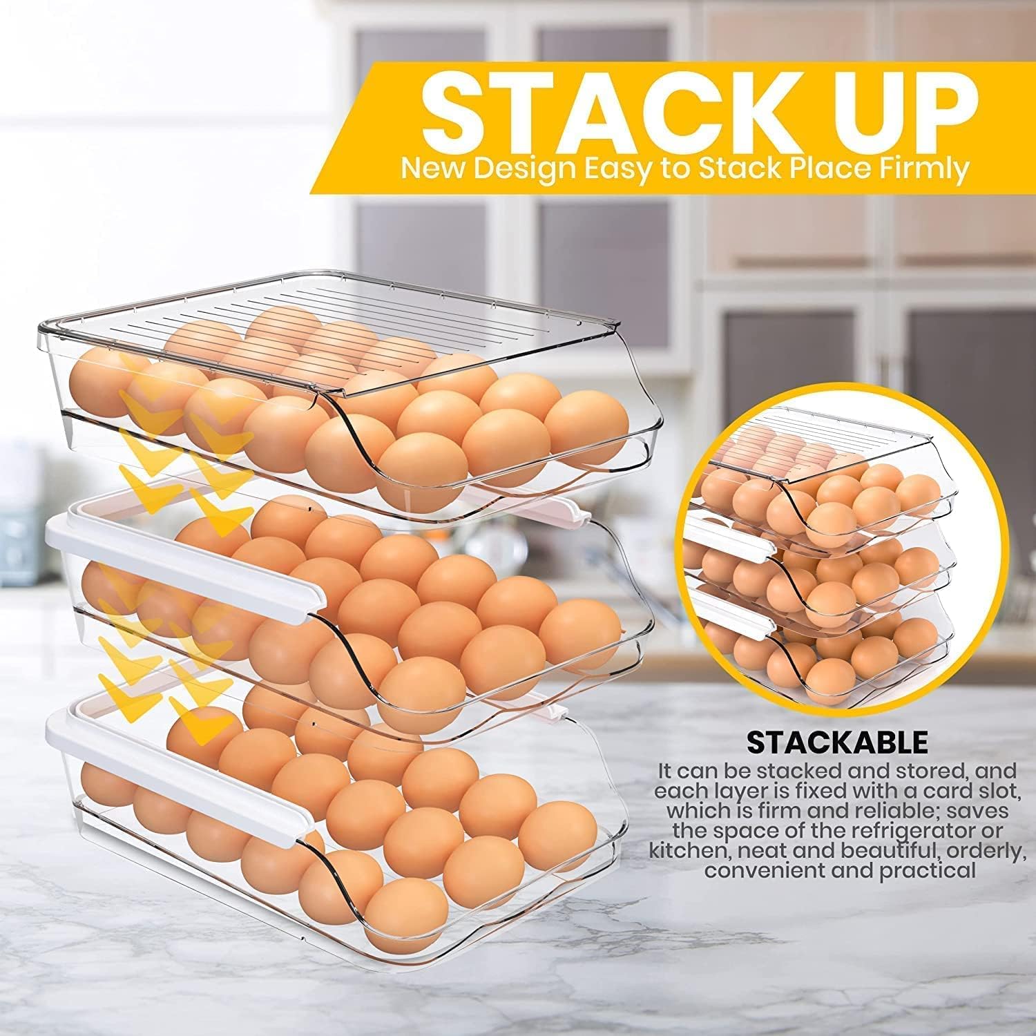 Utopia Kitchen Rolling Egg Container for Refrigerator with Lid - Pack of 3 Stackable Plastic Egg Holder for Refrigerator - Clear Egg Tray for Refrigerator or Fridge Organizer