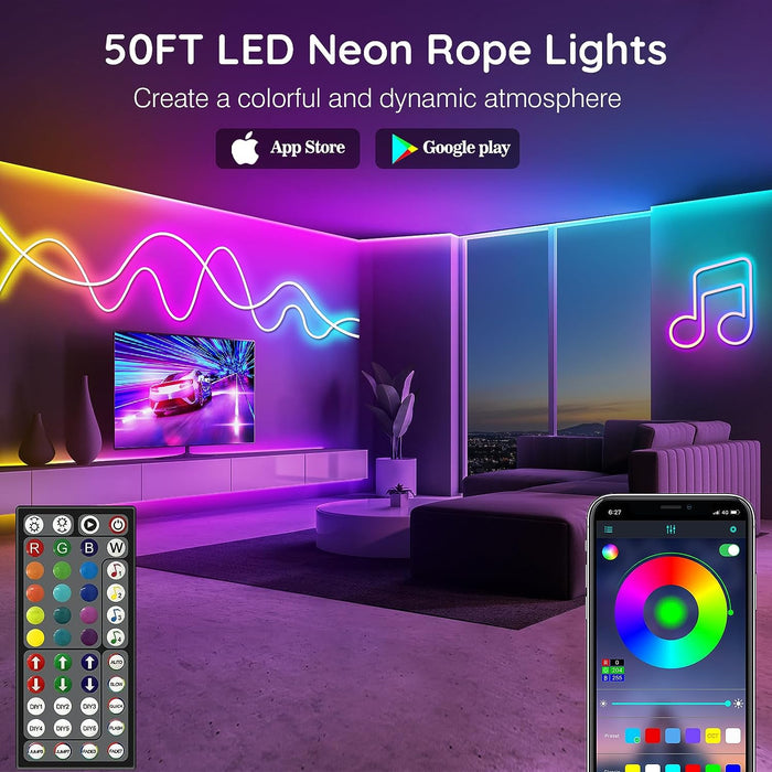 LETIANPAI 50Ft Led Neon Rope Lights,Control with App/Remote,Flexible Led Rope Lights,Multiple Modes,IP68 Outdoor RGB Neon Lights Waterproof,Music Sync Gaming Led Neon Strip Lights for Bedroom Indoor
