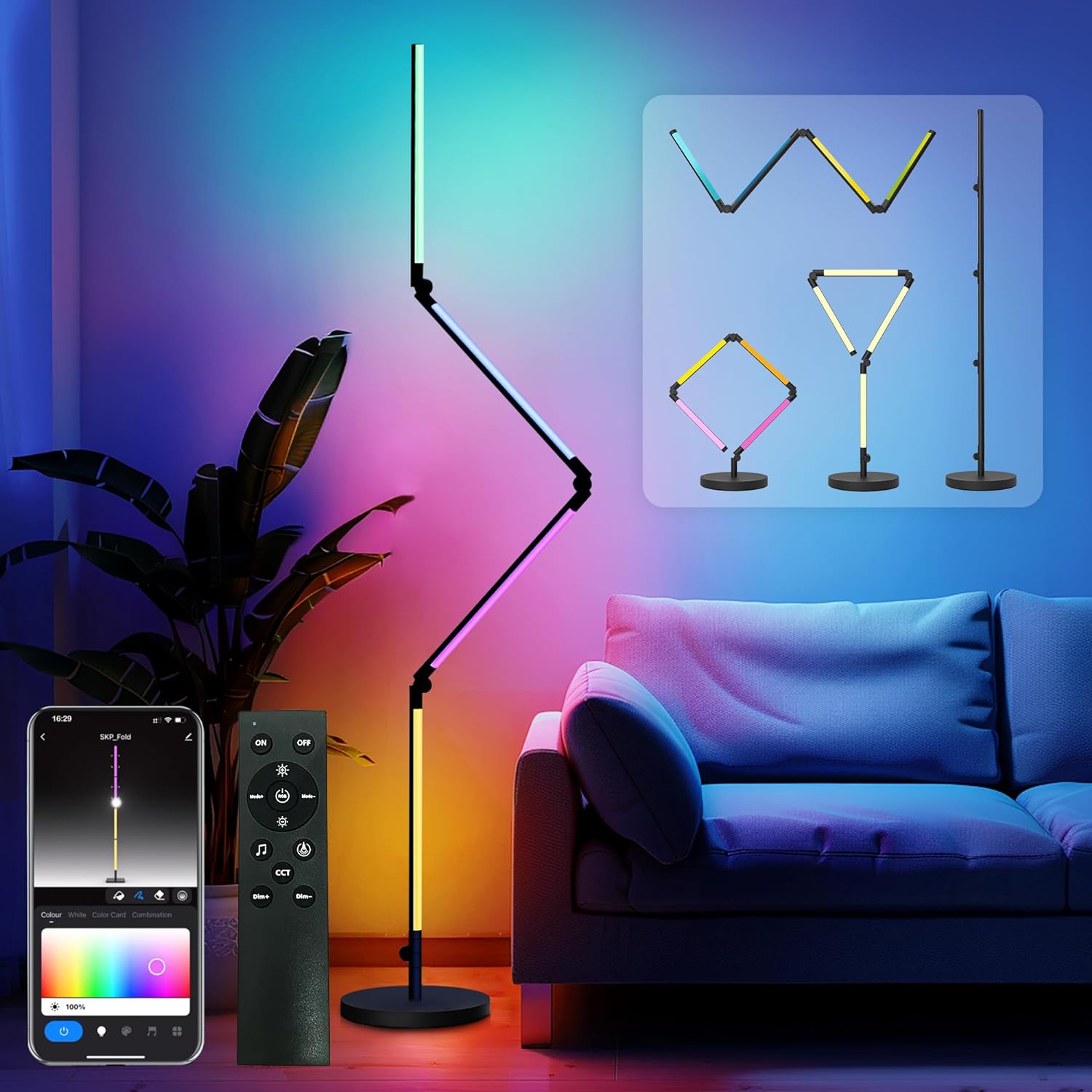 AUDERWIN Foldable Corner Floor Lamp with Remote, Smart RGB LED Floor Lamp with Music Sync and 16 Million DIY Colors, Dimmable, Timer Setting for Living Rooms, Bedrooms, and Gaming Rooms（Modern）