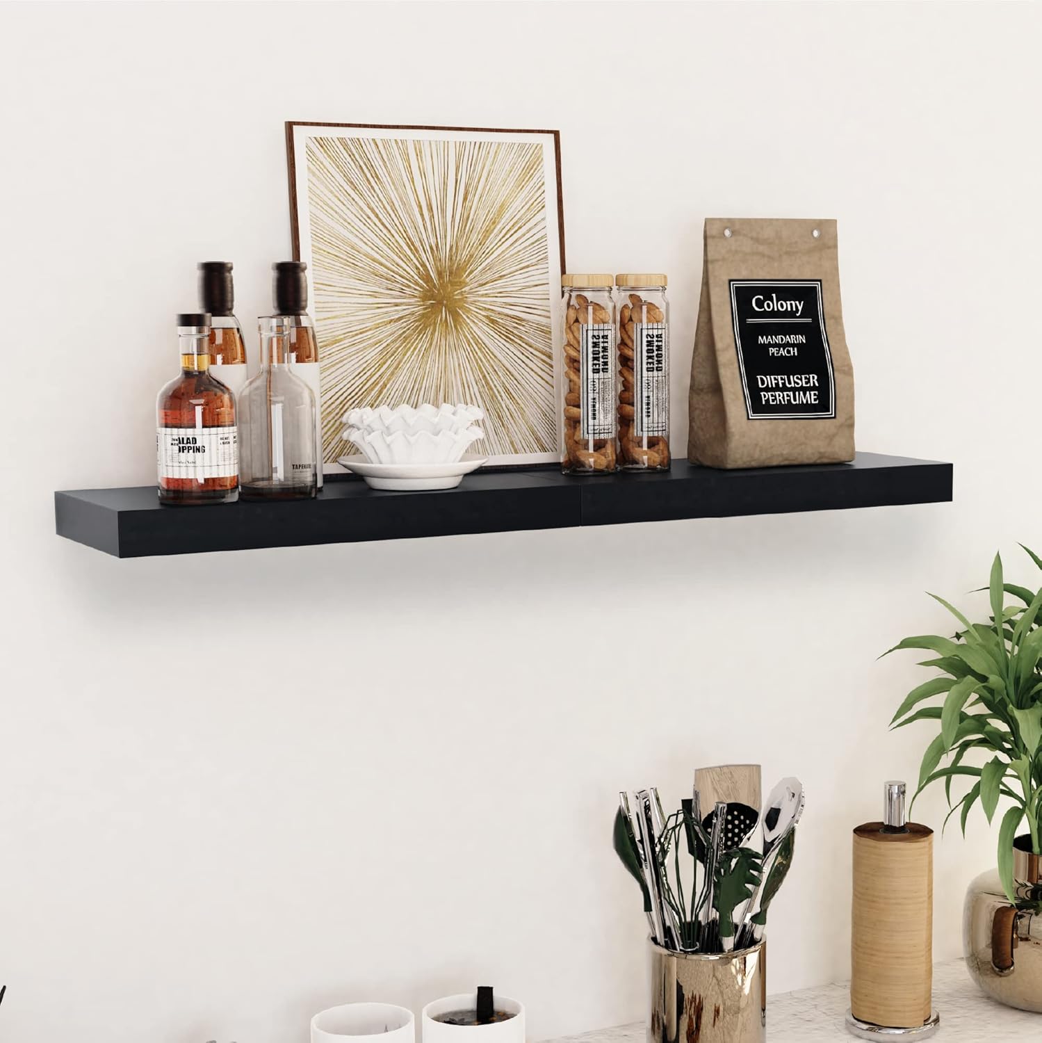 Hanging Shelves, Black Wall Shelves, 15" Floating Shelves for Bathroom, Bedroom, Kitchen, Living Room, Laundry Room, Wall Storage, Book, Photo Display, Set of 2