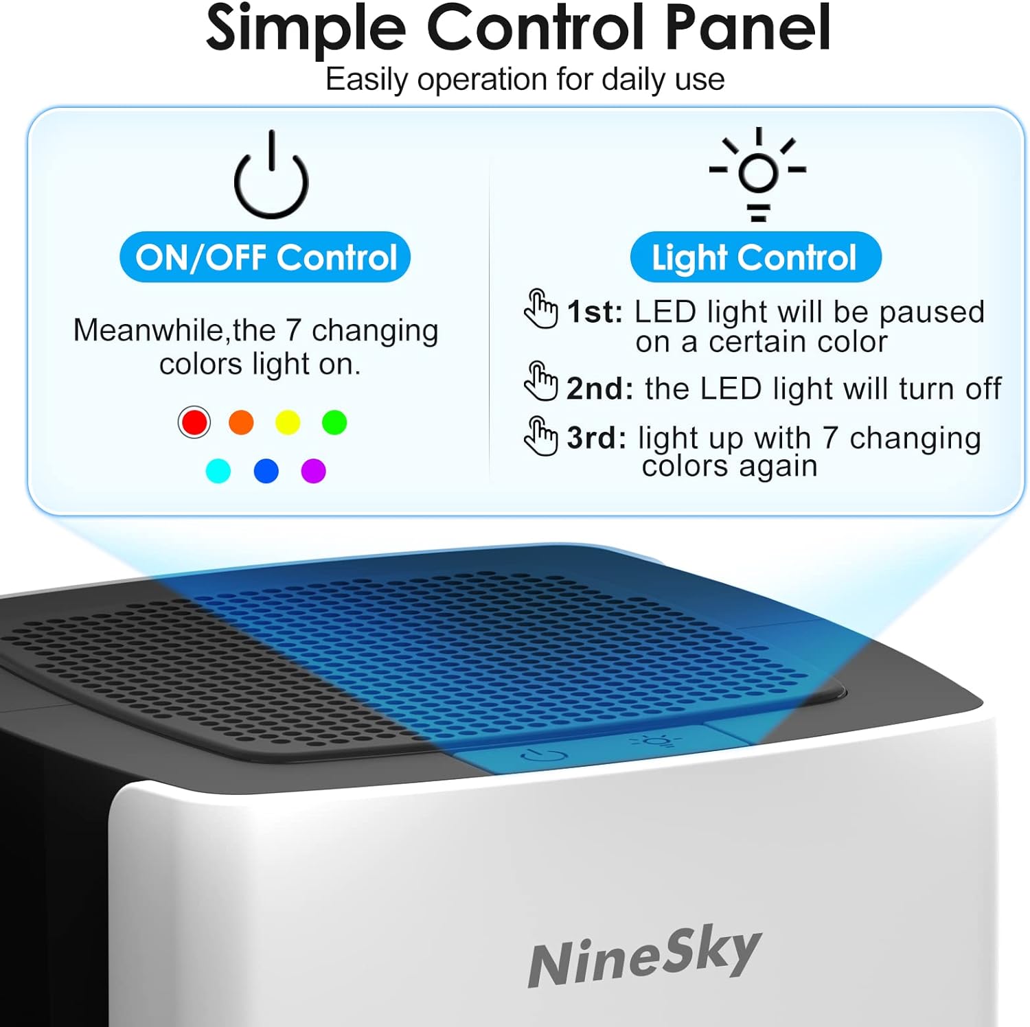 NineSky Dehumidifier for Home, 30oz Water Tank,(300 sq.ft) Dehumidifiers for Bedroom, Bathroom, Basement with 7 Colorful Lights, Auto Shut Off