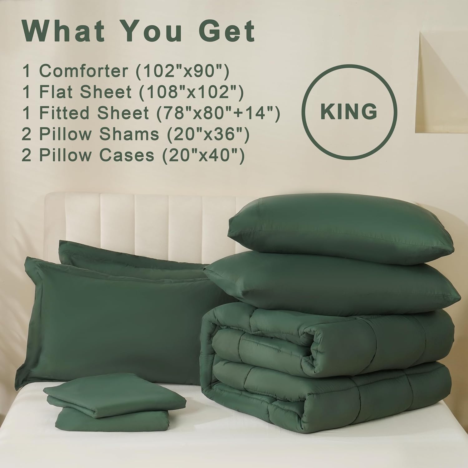 DOWNCOOL King Size Comforter Set, 7Pcs Bedding Comforter Sets Sage Green, All Season Down Alternative Bedding Comforter Sets with Comforter, Flat Sheet, Fitted Sheet, 2 Pillow Shams & 2 Pillowcases