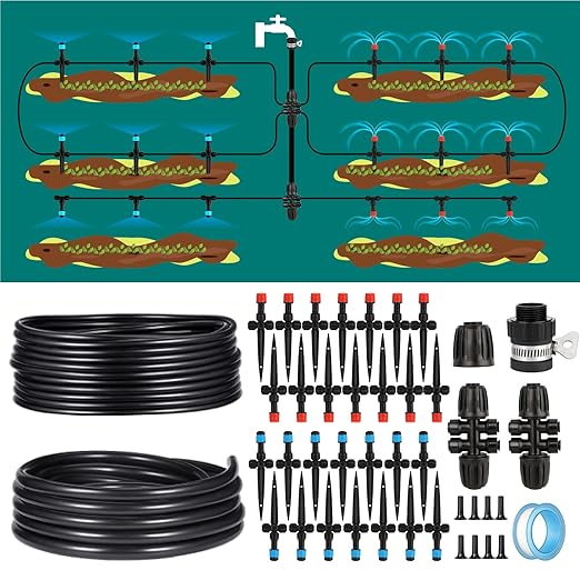 RIFNY Drip Irrigation System for Garden, 118FT Automatic Micro Drip Irrigation Kit for Lawn Greenhouse Yard, Garden Watering System with 1/2 in 1/4 inch Tubing Hose Emitters Drippers