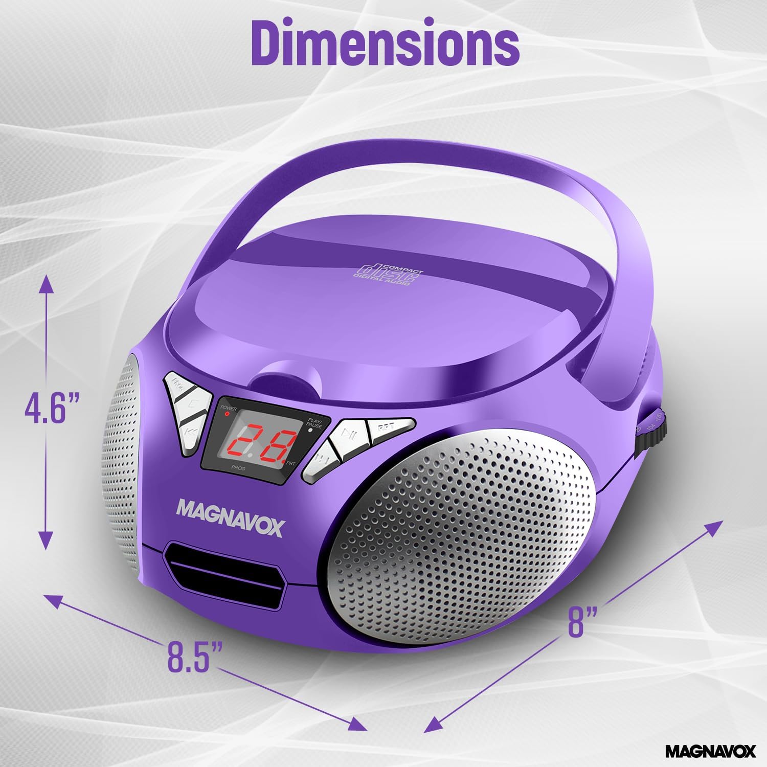 Magnavox MD6924-PL Portable Top Loading CD Boombox with AM/FM Stereo Radio in Purple | CD-R/CD-RW Compatible | LED Display | AUX Port Supported | Programmable CD Player |